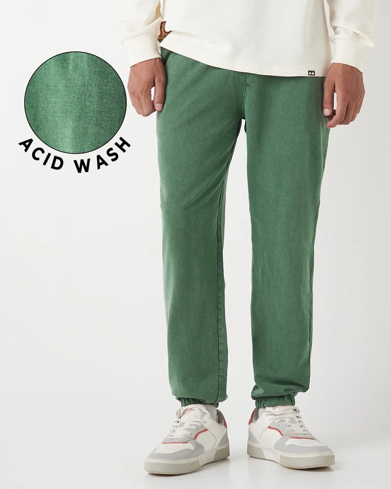 bewakoof Men's Winter Moss Green Oversized Acid Wash Warm Joggers